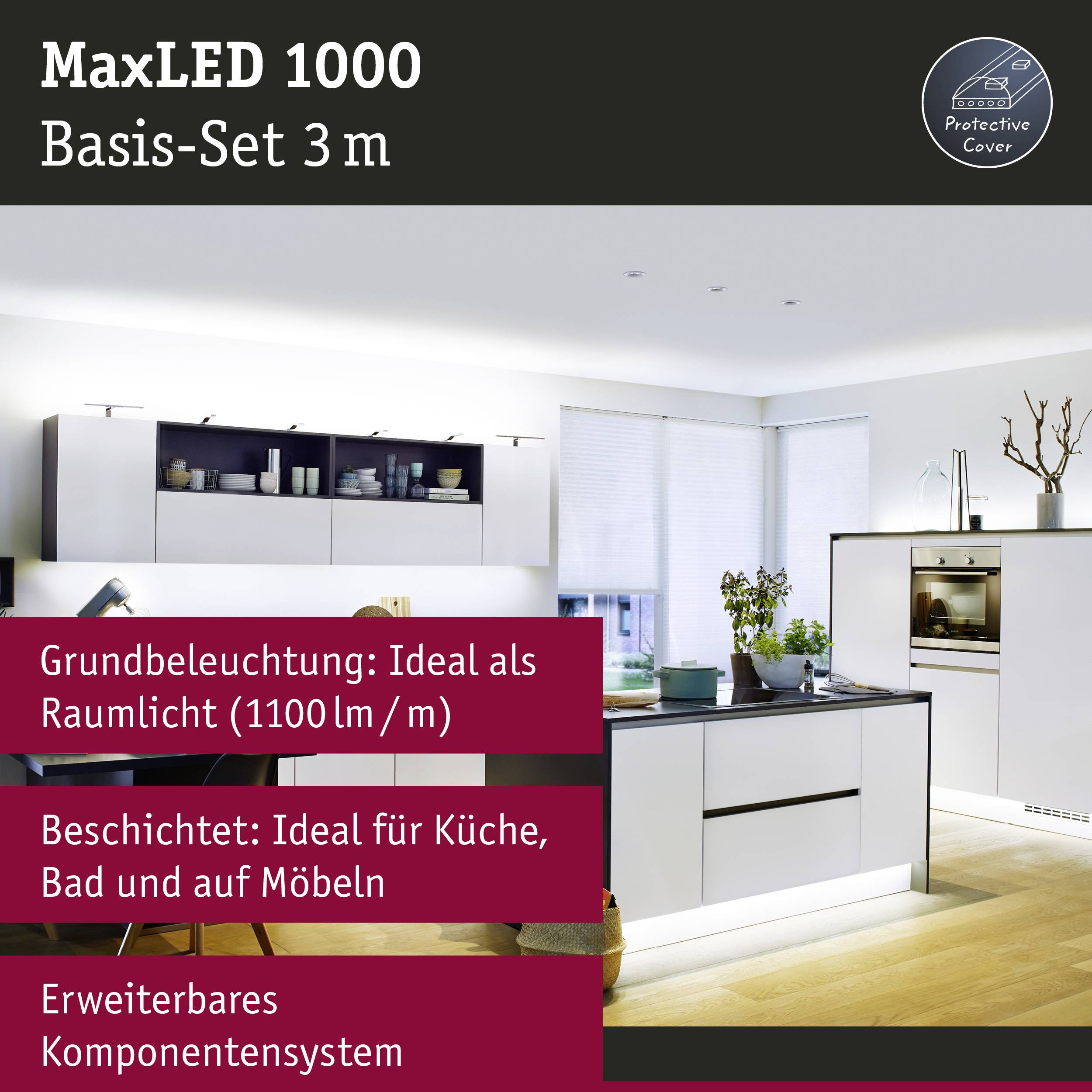 Una cucina moderna con illuminazione di base tramite MaxLED 1000. Caratteristiche in evidenza: luminosità di 1100 lm/m, installazione semplice sotto i mobili.