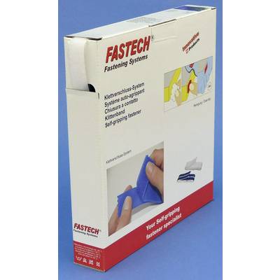 Scatola di cartone FASTECH con sistema di chiusura a velcro. Testo in più lingue. L'immagine mostra una mano che unisce la banda.