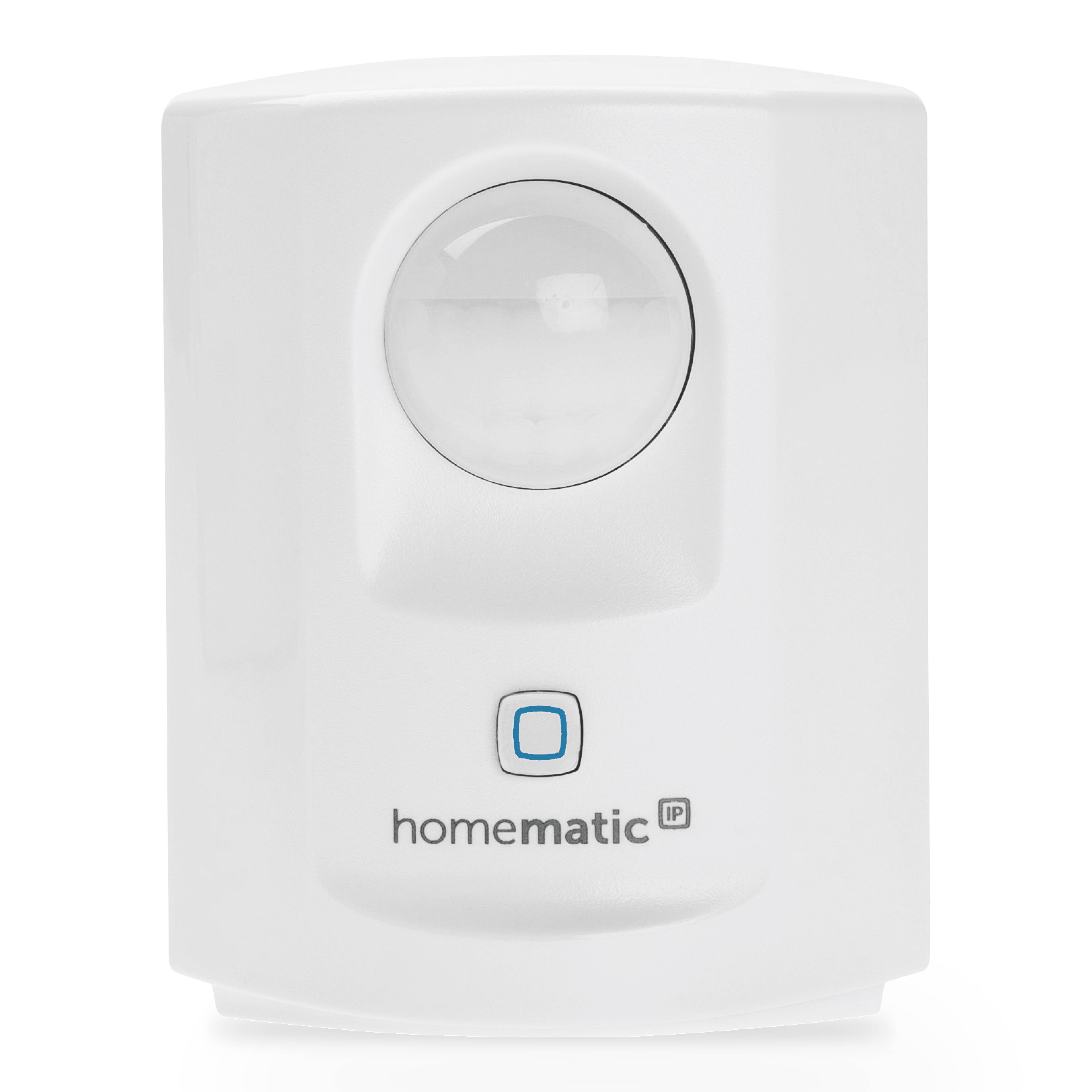 Sensore di movimento Homematic IP bianco con lente a infrarossi circolare e piccolo pulsante di stato blu sulla parte anteriore.