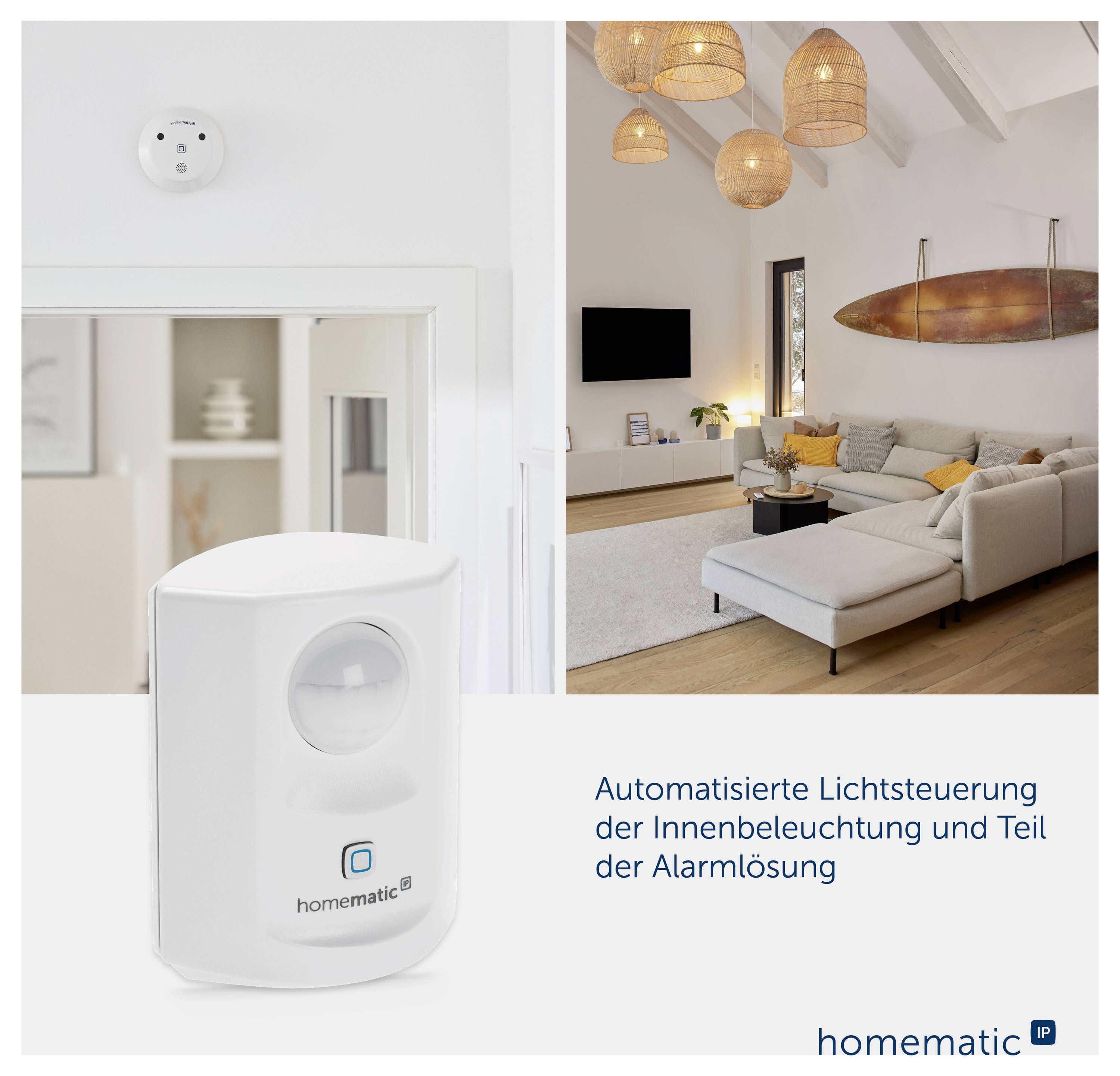 Immagine pubblicitaria per Homematic IP: Rilevatore di movimento davanti a uno spazio abitativo; controllo automatizzato dell'illuminazione interna come parte del sistema di allarme.