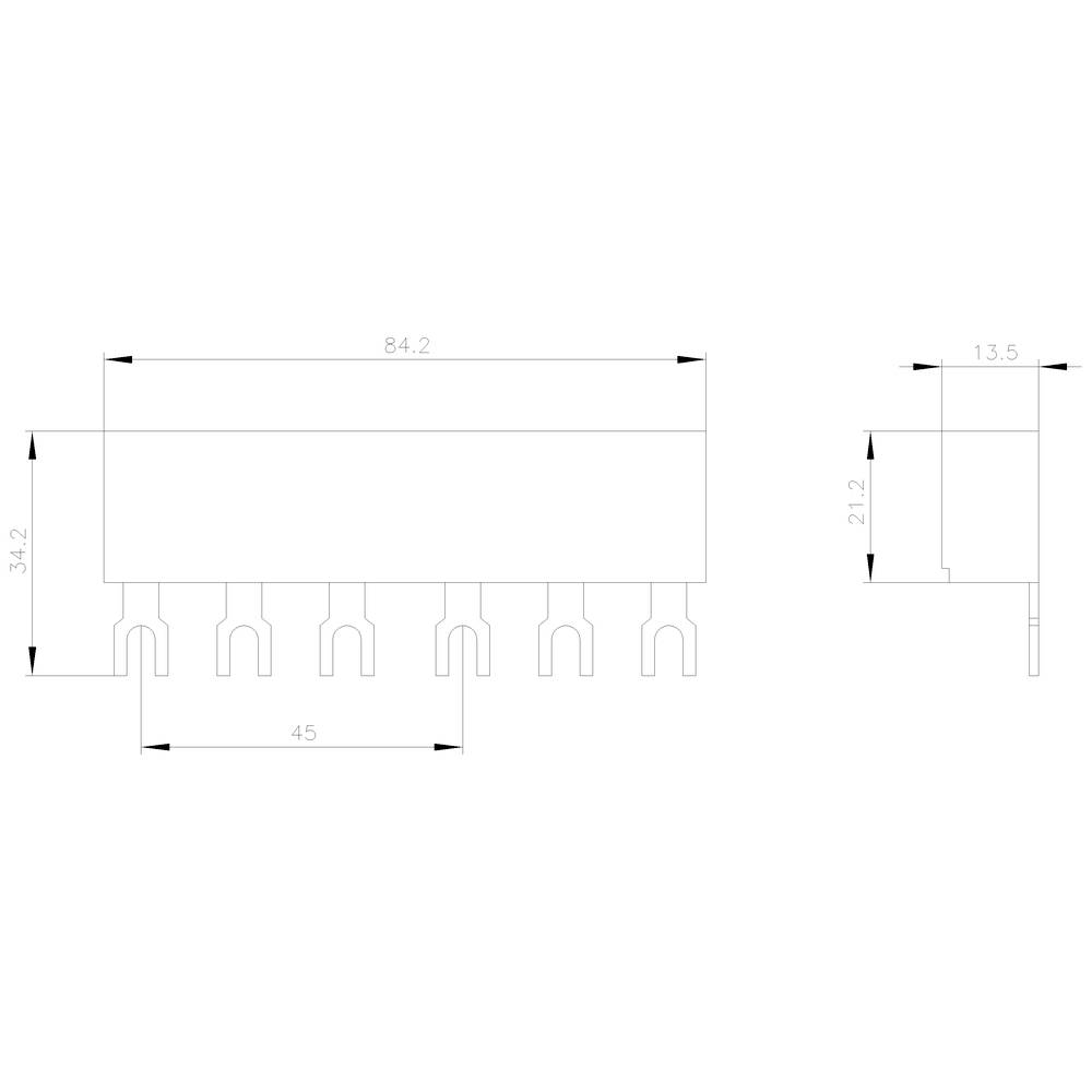 Disegno tecnico di un componente elettronico con dimensioni: lunghezza 84,2 mm, altezza 13,5 mm, profondità 21,2 mm. Sei piedini di connessione inferiori.