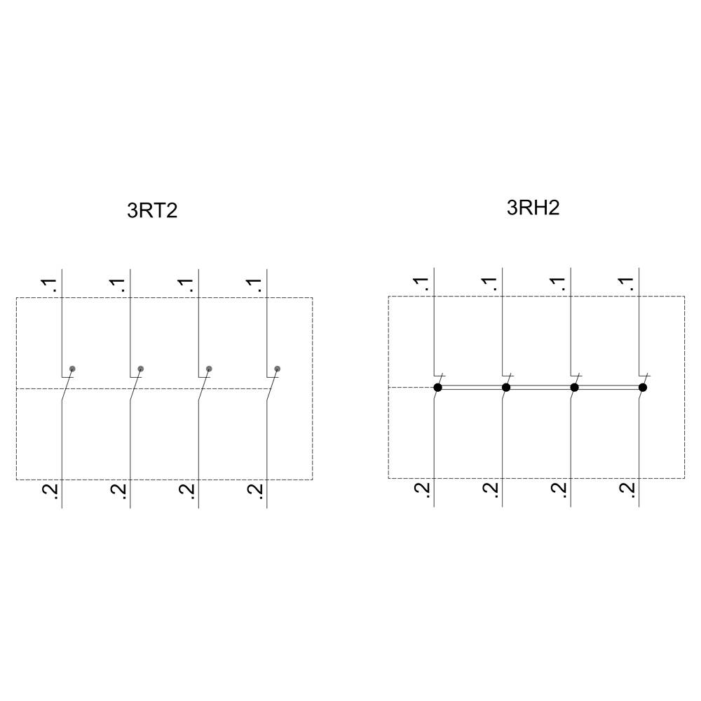 Due schemi elettrici tecnici affiancati: a sinistra '3RT2' mostra quattro linee verticali con contatti, a destra '3RH2' con cinque linee.