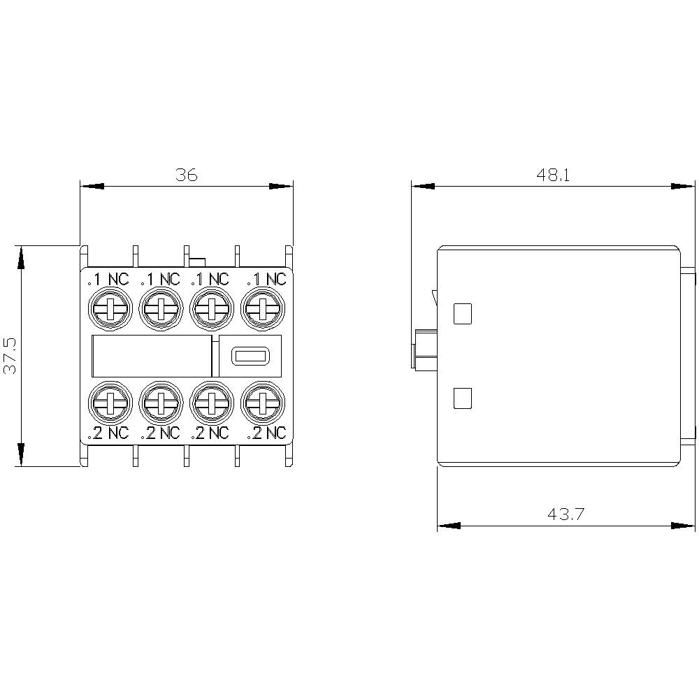 Disegno tecnico di un connettore elettrico con dimensioni: larghezza 36 mm, altezza 37,5 mm, profondità 48,1 mm. Sei connessioni superiori.