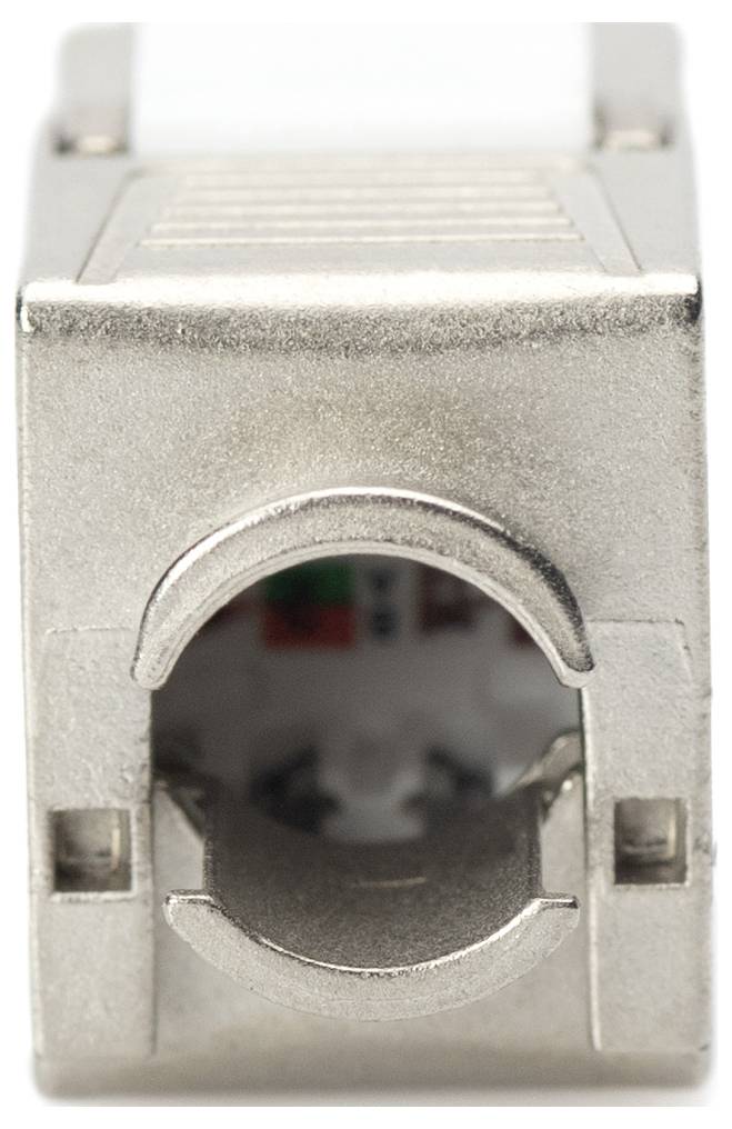 Un connettore di rete argentato con contatti interni chiaramente visibili, utilizzato per collegare cavi Ethernet.