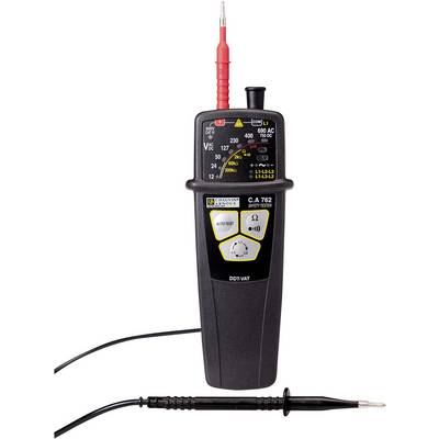 Tester di tensione con display digitale per valori di tensione. Mostra misurazioni in volt e range per corrente continua e alternata. Due cavi di misurazione.