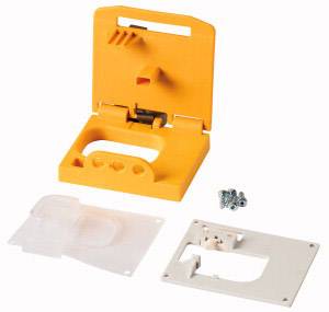 'Cappuccio in plastica arancione con viti e piastre di copertura bianche, probabilmente un set di montaggio.'