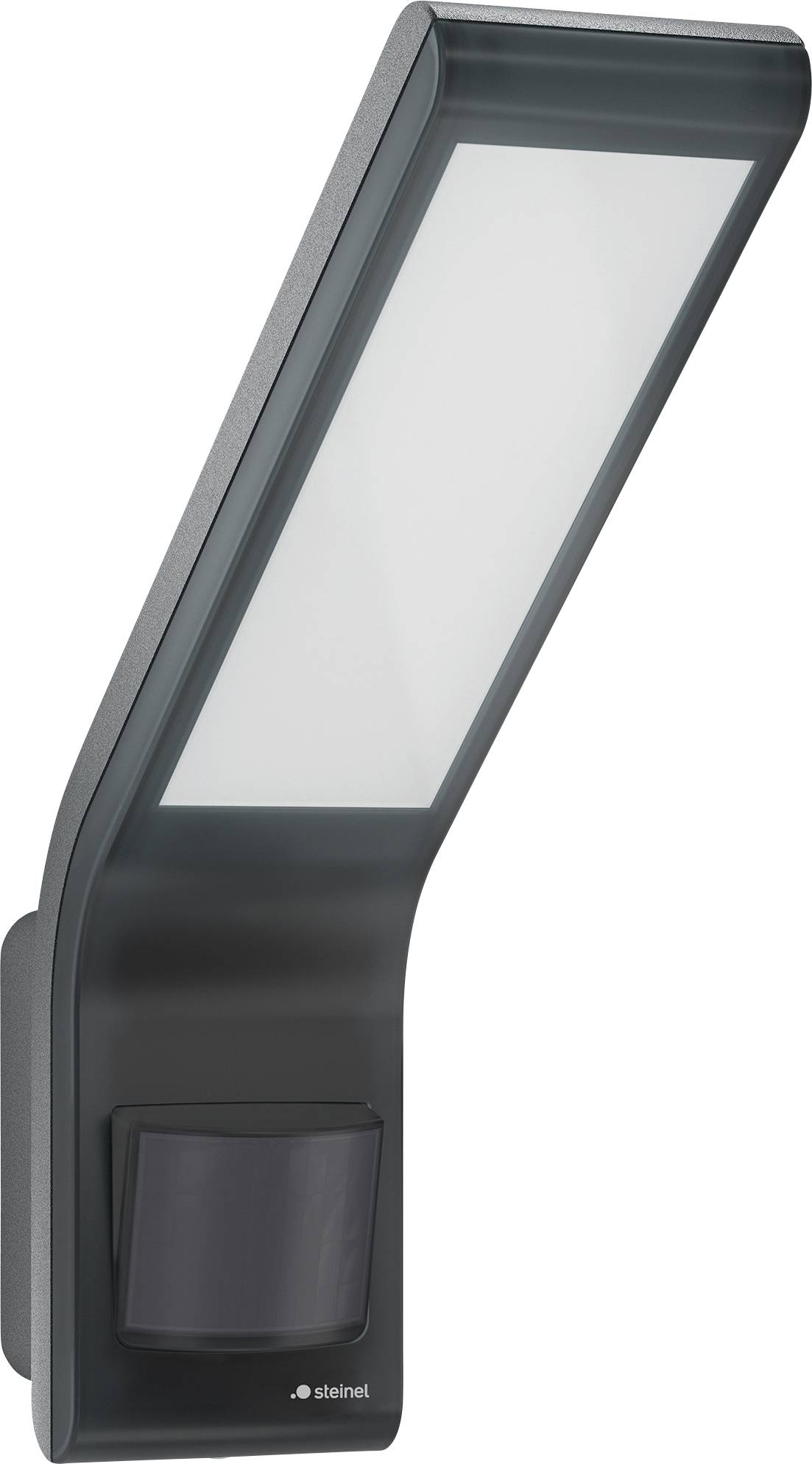 Luce esterna montata a parete di colore grigio scuro con un grande pannello rettangolare inclinato e un sensore di movimento vicino al fondo.