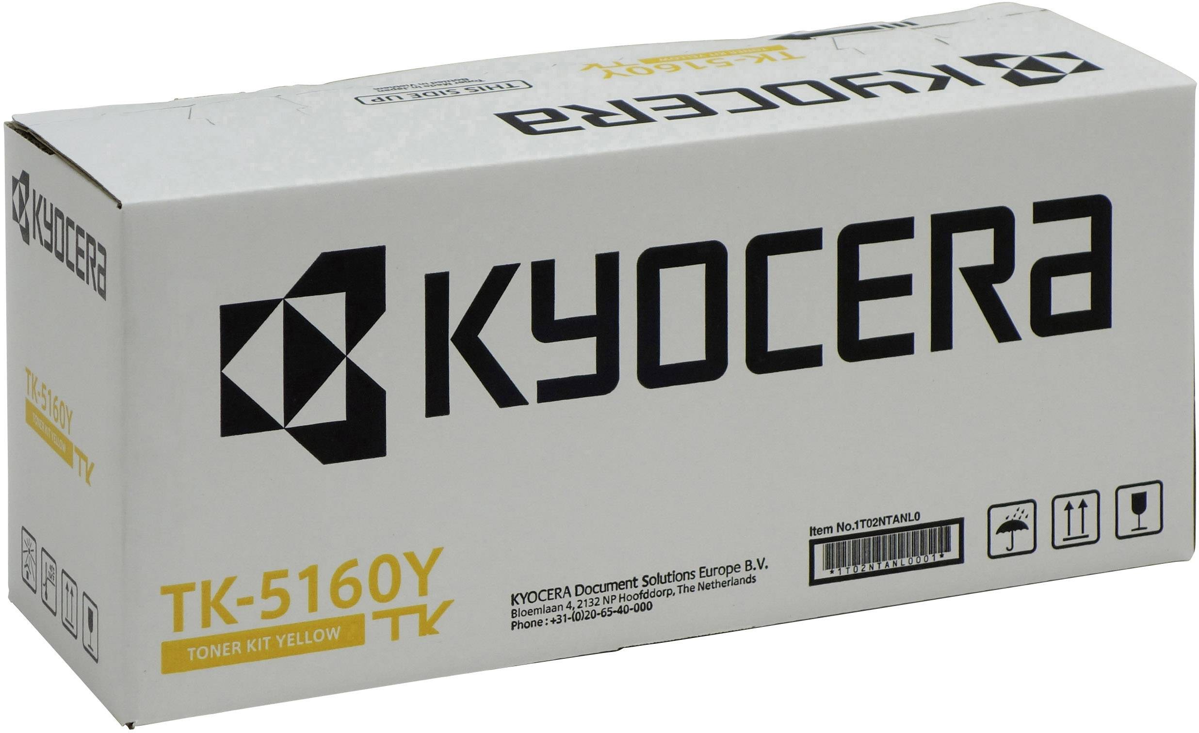 Una cartuccia toner Kyocera modello TK-5160Y in giallo. La confezione riporta il logo Kyocera e le informazioni sul prodotto.