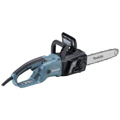 Sega elettrica a catena con custodia blu e impugnatura nera, marca 'Makita', idonea per la lavorazione del legno.