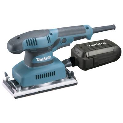 Una smerigliatrice elettrica blu con un pacco batteria rimovibile.
