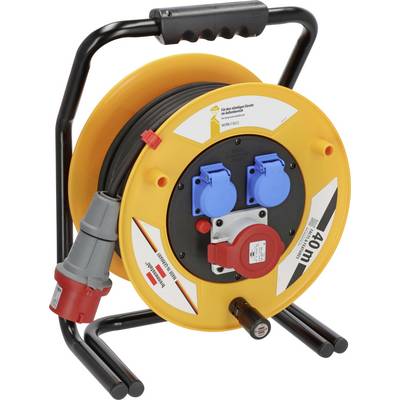 Avvolgicavo portatile con tamburo arancione, maniglia e multiple prese di corrente blu e rosse su un telaio nero.