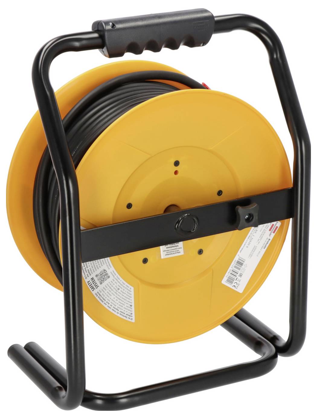 Bobina di cavo arancione su un supporto in metallo nero, che mostra un cavo di alimentazione arrotolato per uso elettrico portatile.