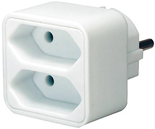 Adattatore a due prese elettriche bianco con un contatto rotondo su un lato.