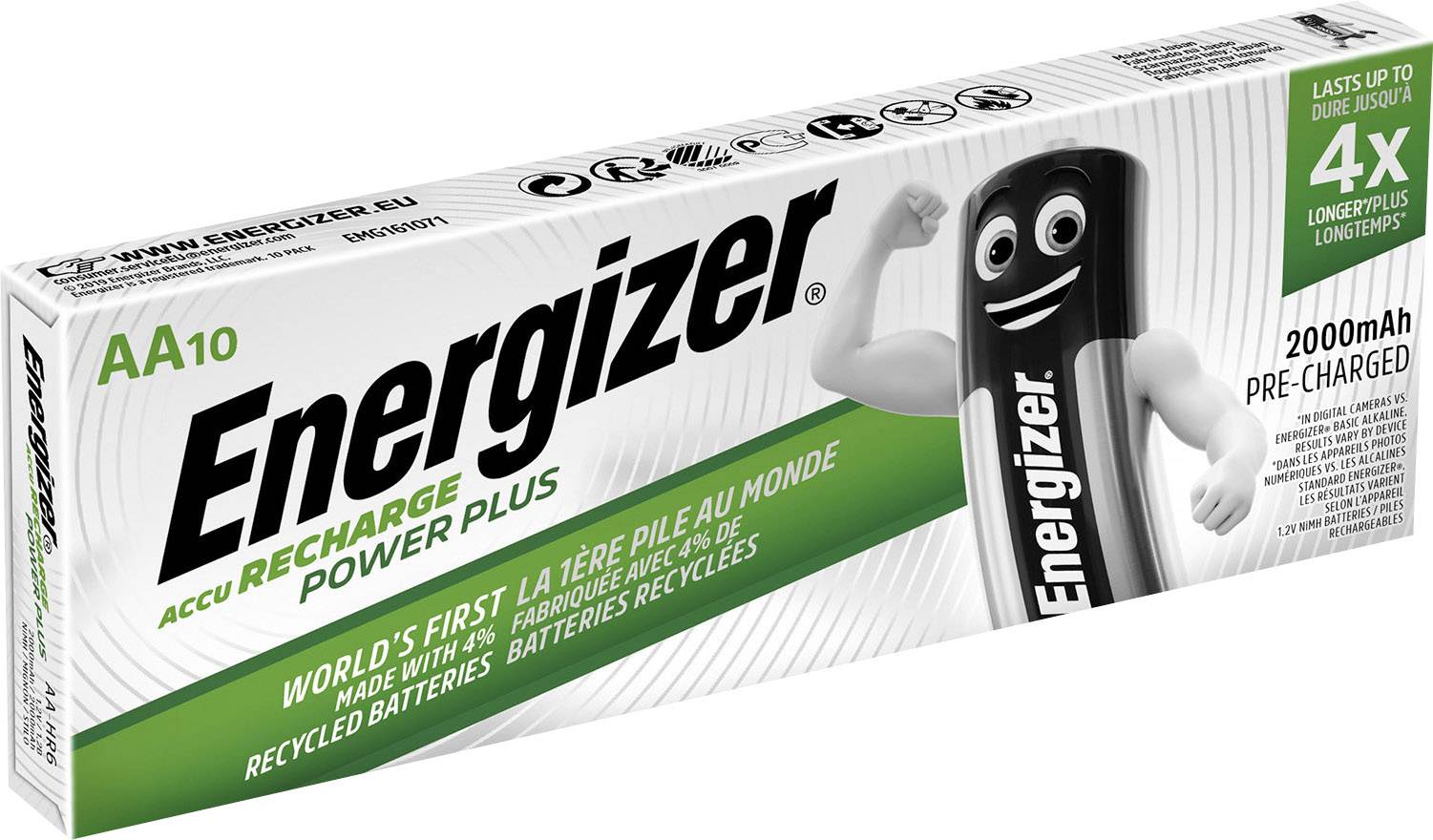 Energizer AA10 Batterie Ricaricabili. Punti salienti: 'Le prime al mondo realizzate con batterie riciclate', 2000mAh, durata 4 volte più lunga.