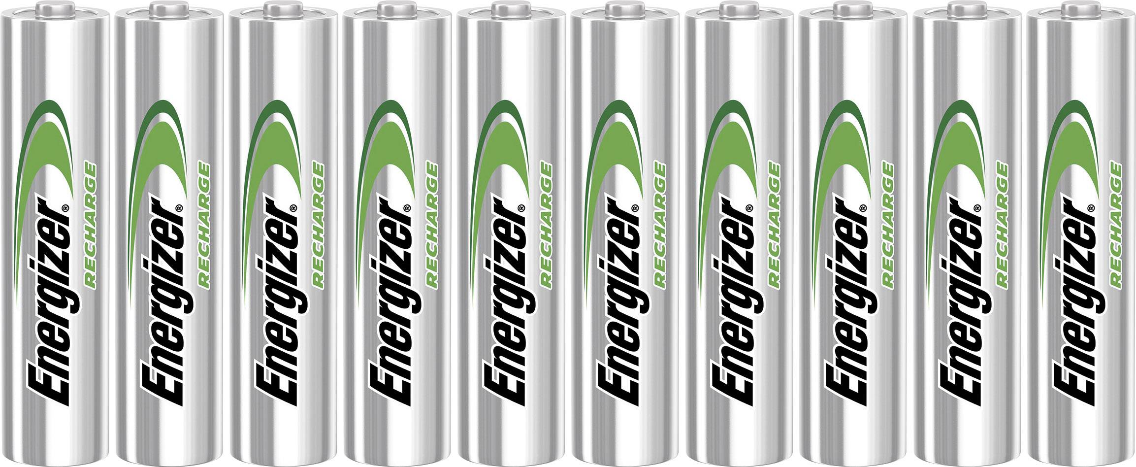 Dieci batterie ricaricabili Energizer disposte in fila. Le batterie hanno un involucro argentato con stampa verde.