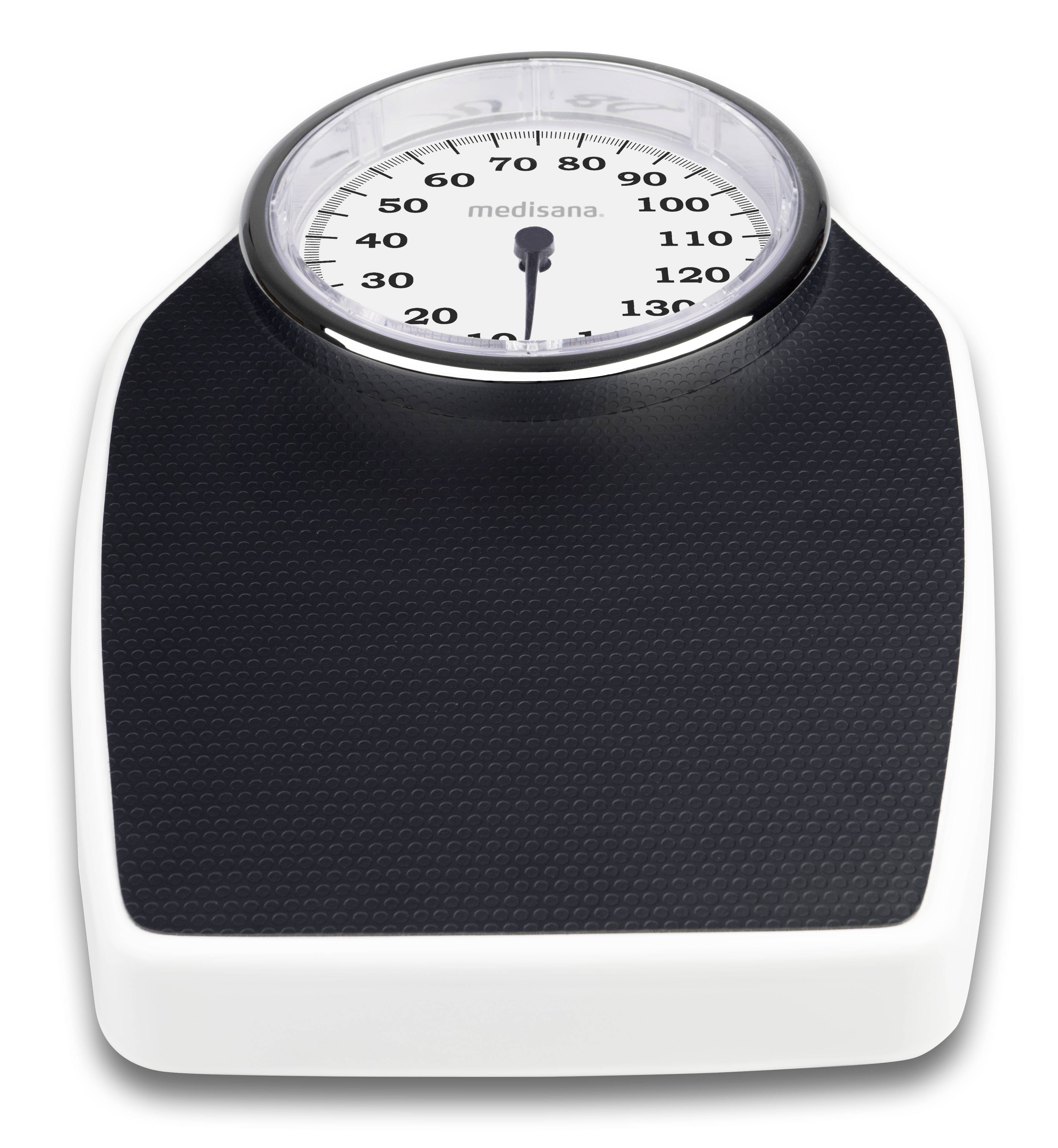 Una bilancia analogica per persone con display circolare che indica il peso in chilogrammi da 0 a 130 kg.