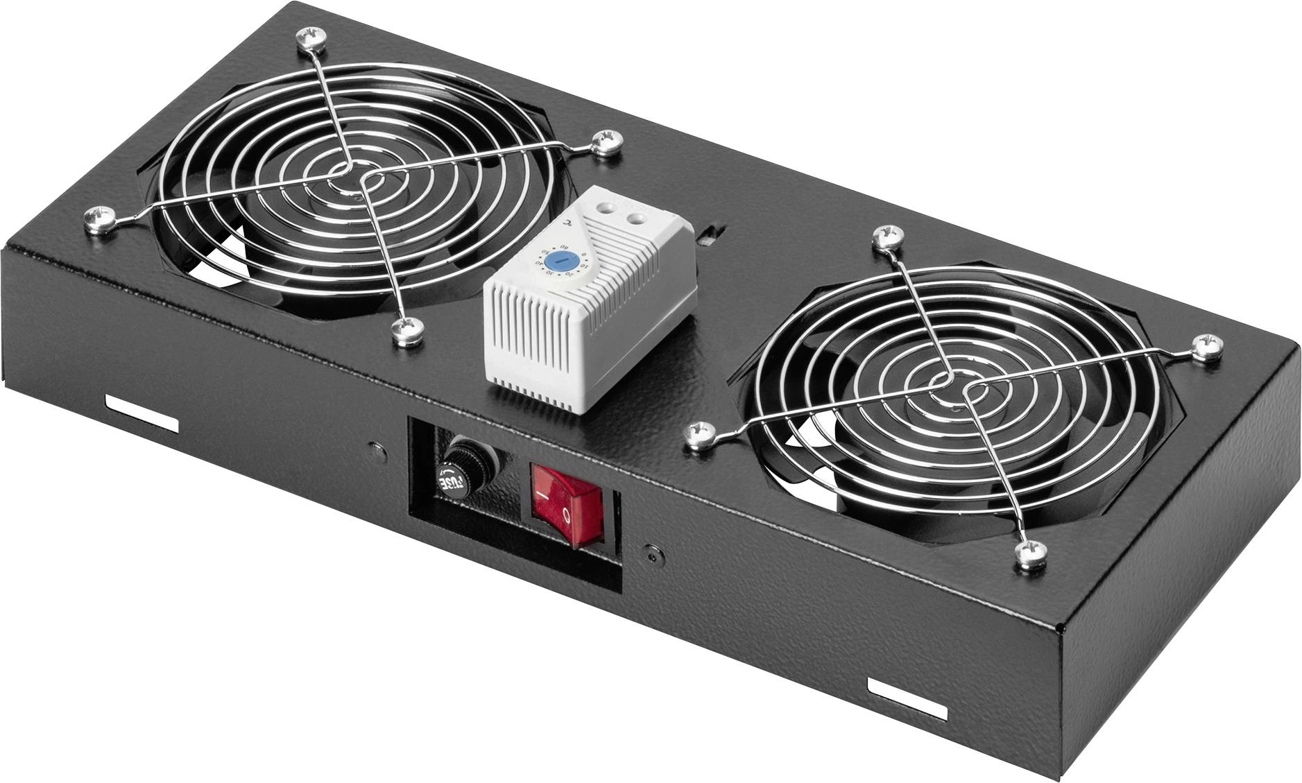 Un dispositivo rettangolare nero con due ventole di raffreddamento metalliche, una manopola di controllo centrale bianca e un interruttore rosso. Utilizzato per la circolazione dell'aria o la ventilazione.