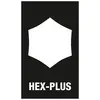 Immagine in bianco e nero con simbolo esagonale sopra la scritta 'HEX-PLUS'.