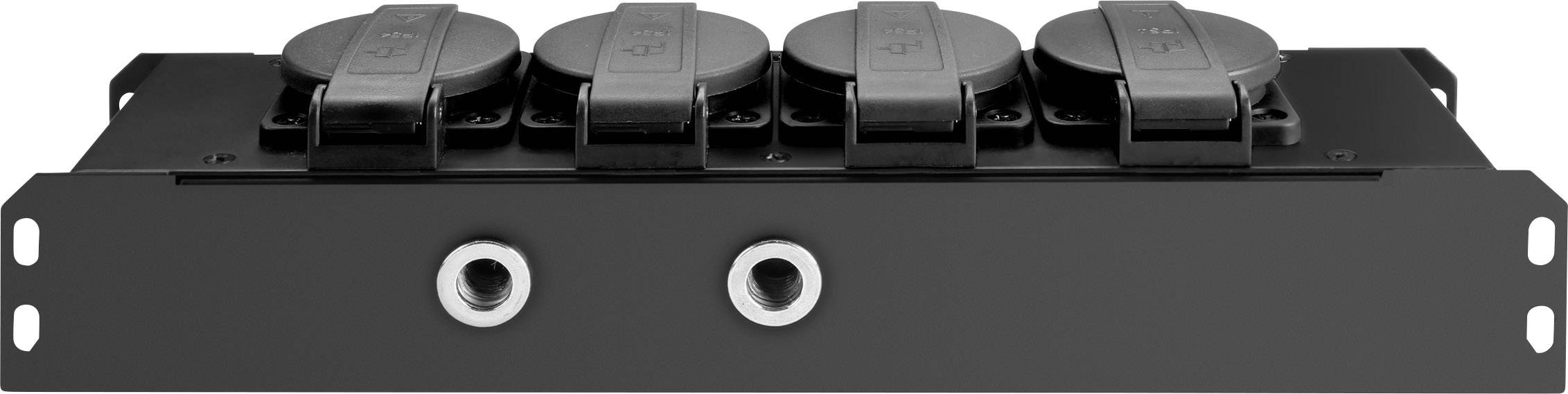Quattro prese elettriche nere su un pannello di montaggio rettangolare con due attacchi per cavi in basso.