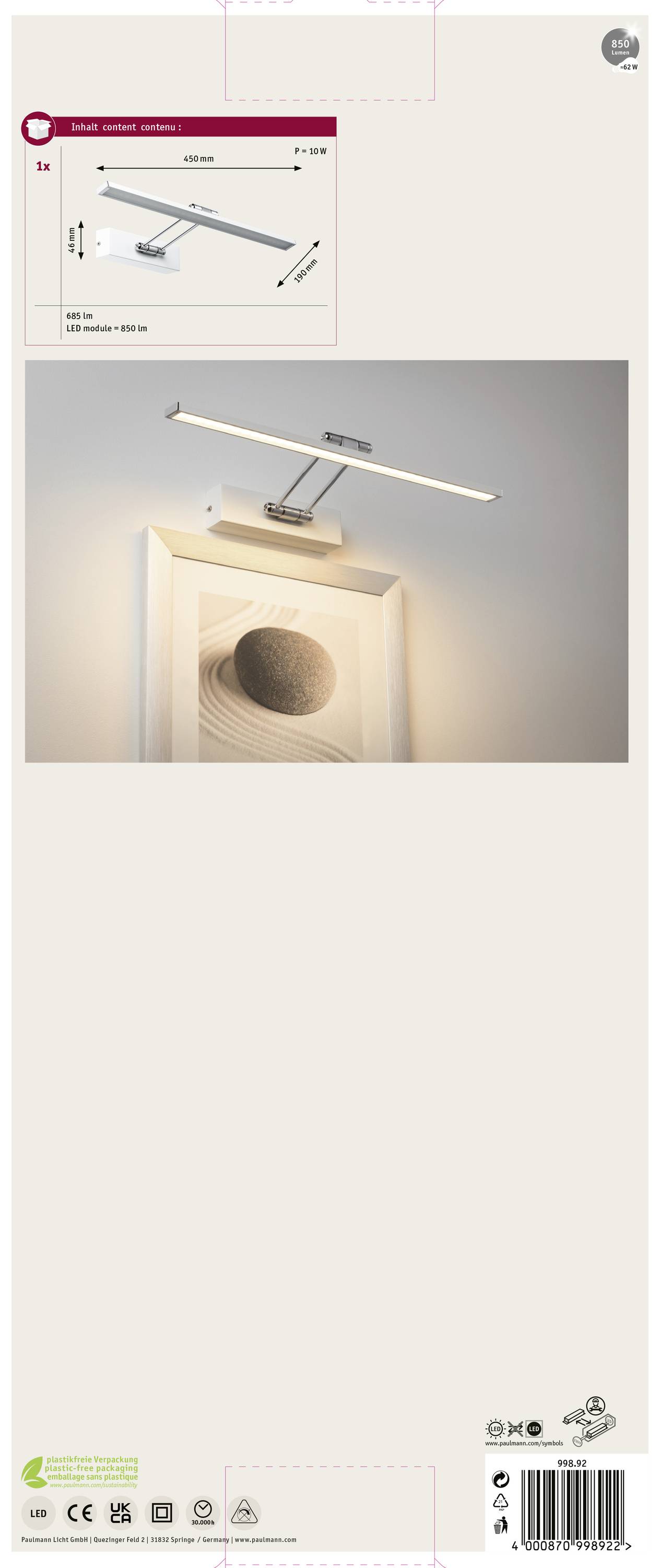 Luce per l'illuminazione di quadri, montata sopra un'opera incorniciata. Illumina l'opera d'arte in modo uniforme. Informazioni sul prodotto in alto.