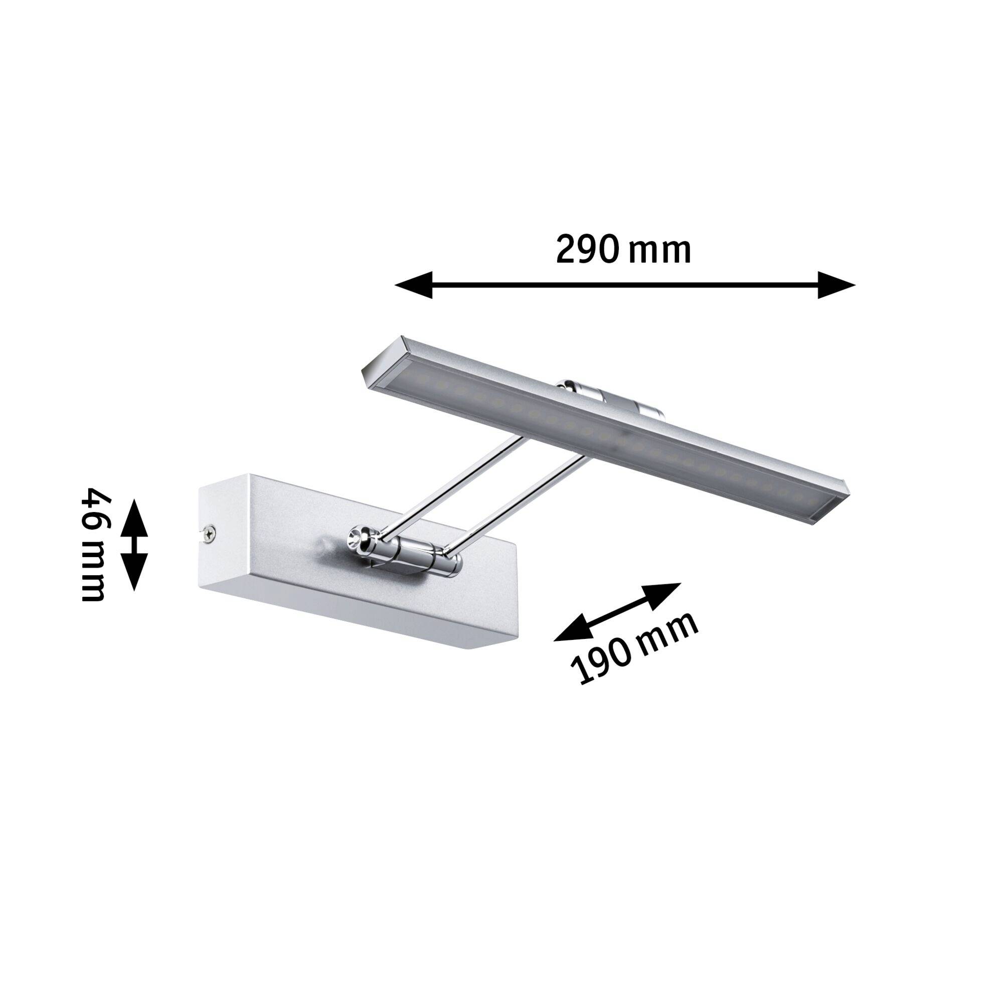 Applique in metallo con braccio orientabile, lunghezza: 290 mm, altezza: 46 mm, estendibile fino a 190 mm, dal design moderno a forma rettangolare.
