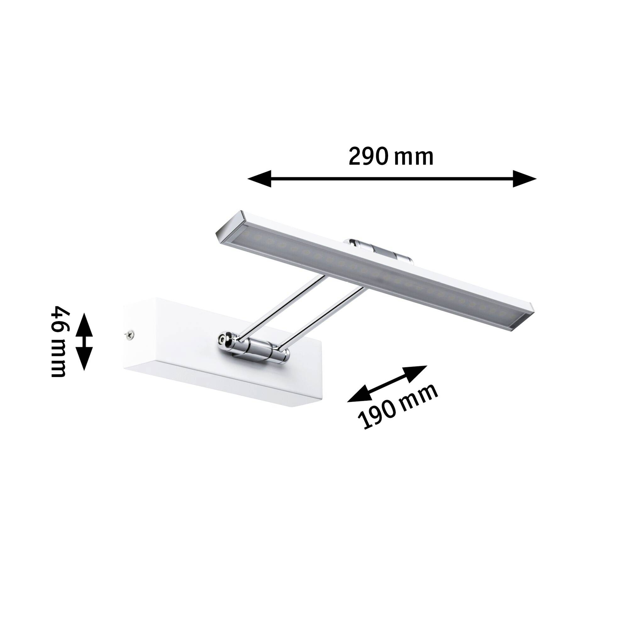 Applique con testa illuminante rettangolare color argento, dimensioni: larghezza 290 mm, profondità 190 mm, altezza 46 mm, adatta per l'illuminazione di quadri.