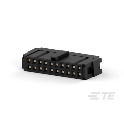 Connettore rettangolare nero con diversi contatti dorati, adatto per connessioni elettroniche. Posizionato in alto a sinistra.