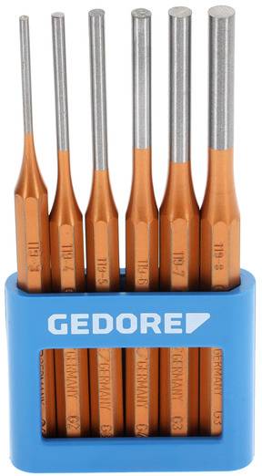Set di sei scalpelli in design arancione con un supporto blu. Il marchio dello strumento 'GEDORE' è visibile sul supporto.