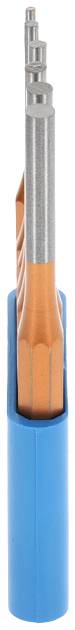 Un utensile da taglio arancione con punta cilindrica, parzialmente racchiuso in un supporto blu.