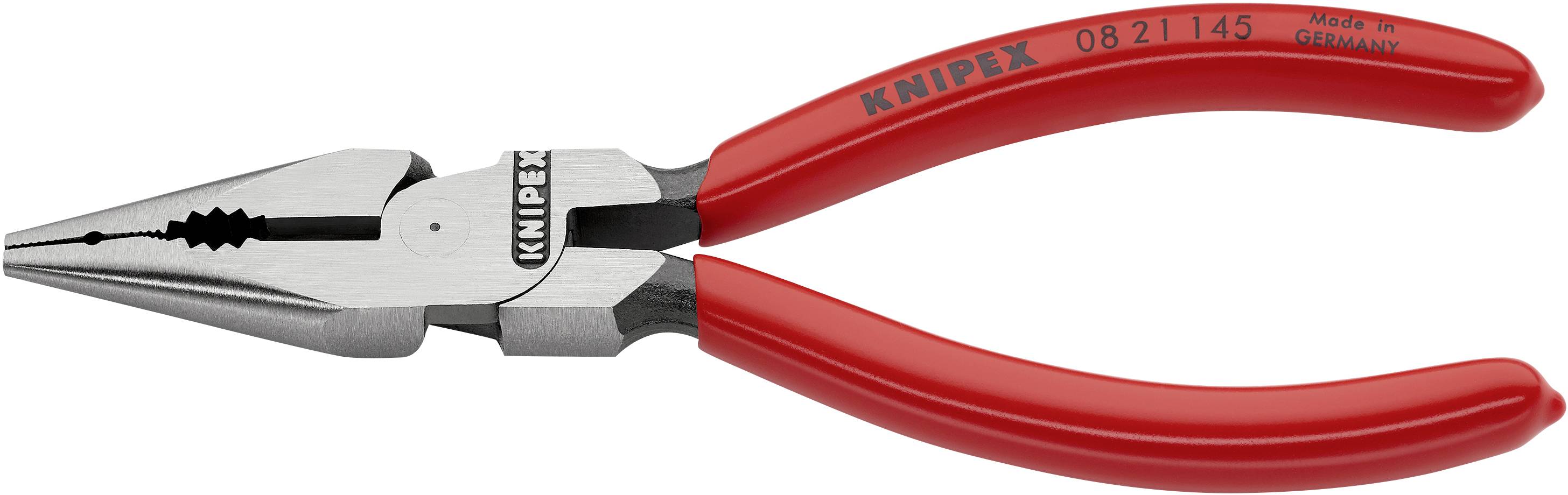 Pinza universale rossa Knipex con punta in metallo e superficie di presa dentellata, idonea per afferrare e tagliare fili. Made in Germany.