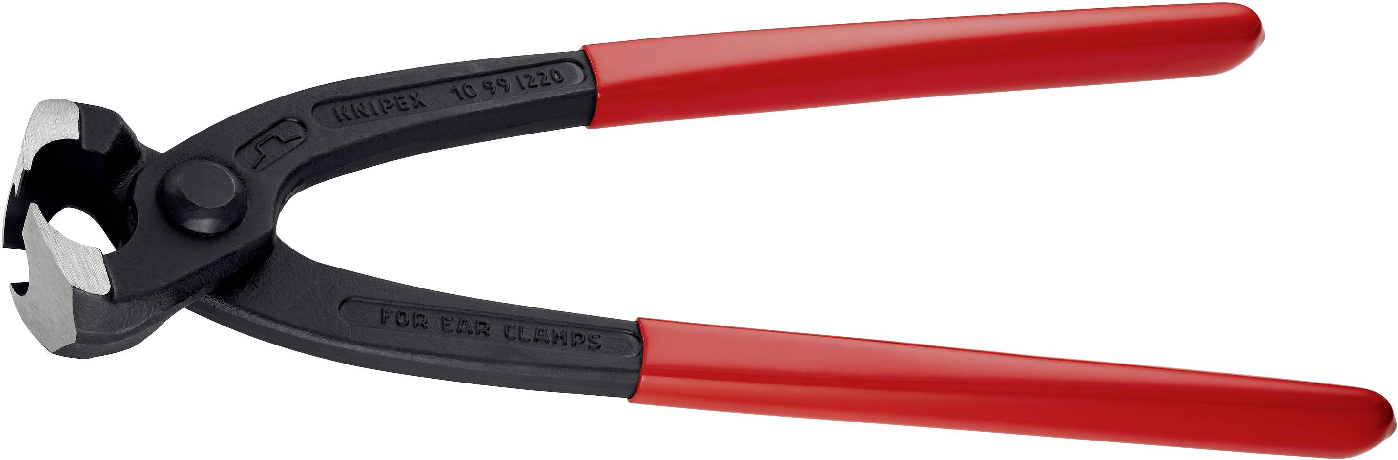 Una pinza tronchese rossa con impugnature nere, aperta e pronta al taglio. Viene utilizzata per tagliare armature in ferro.