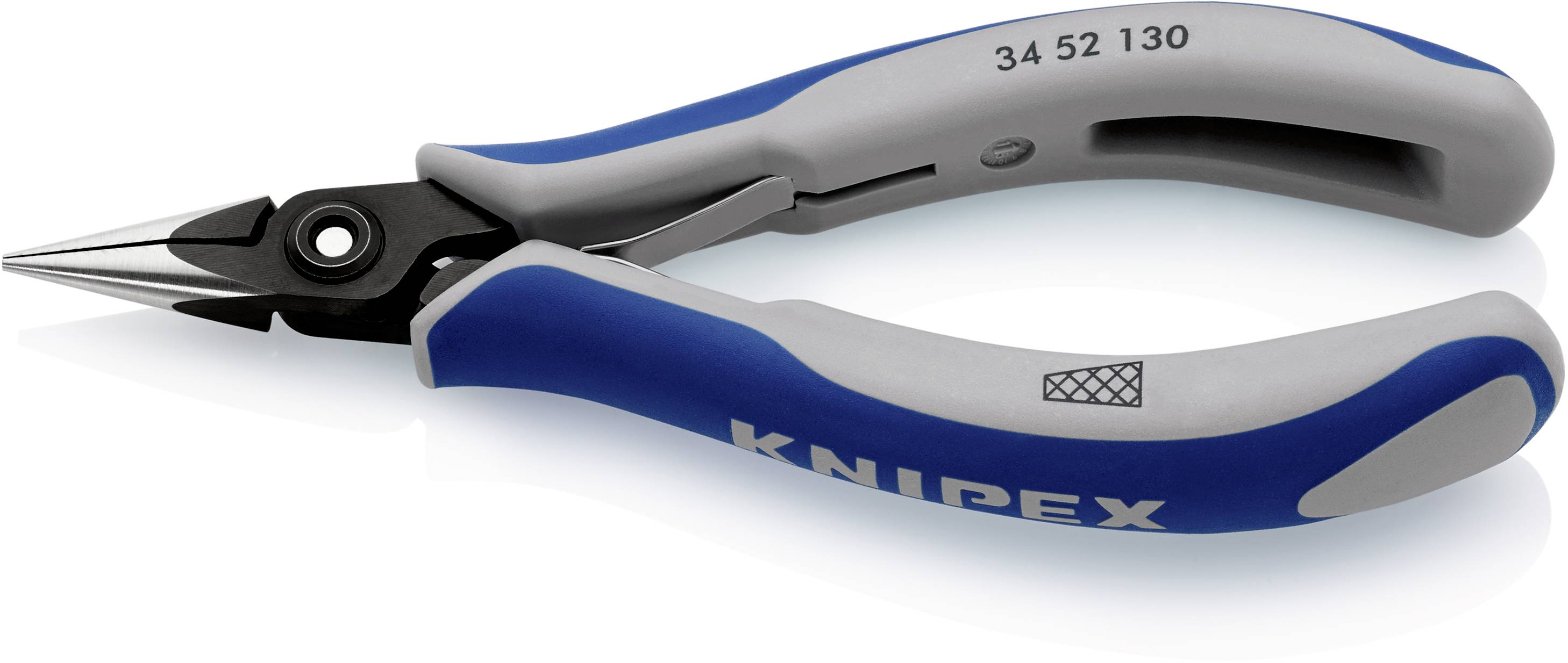 Pinza a punte Knipex grigia e blu con ganasce levigate, idonea per afferrare e tagliare con precisione piccoli fili e cavi.