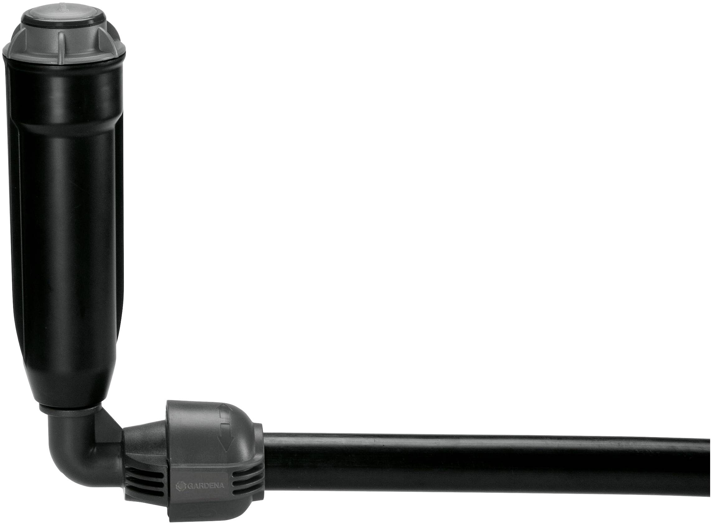 Raccordo per tubazioni con cilindro verticale nero e tubo orizzontale, utilizzato per sistemi di irrigazione o condutture idriche.