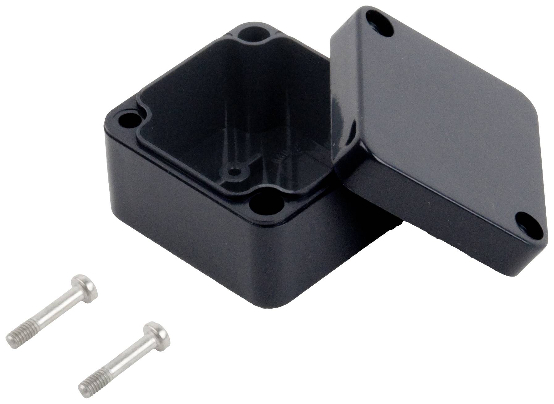 Un involucro quadrato nero in plastica con coperchio rimovibile e due viti argentate accanto.