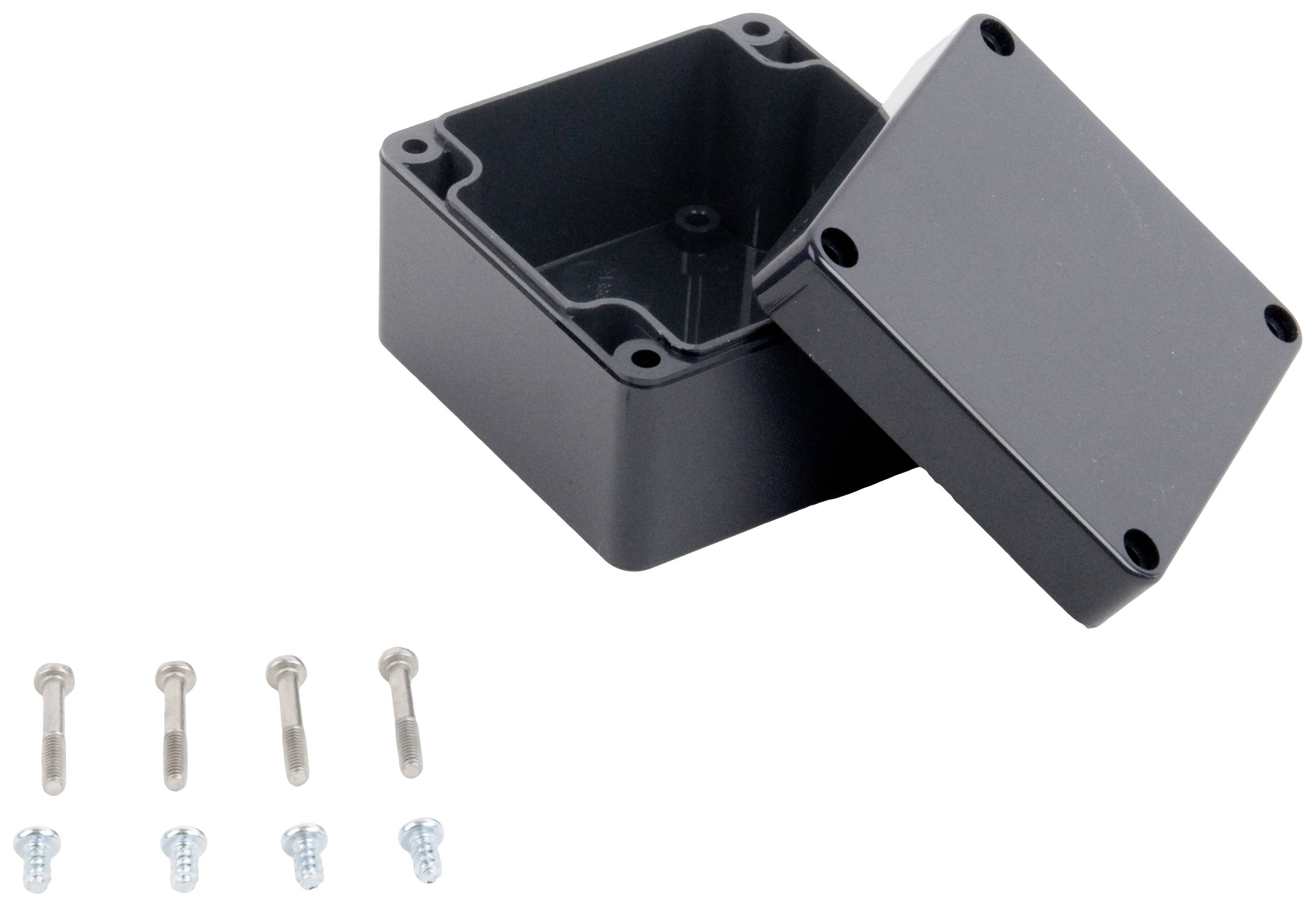 Custodia nera, rettangolare con coperchio rimovibile e quattro viti di fissaggio. Adatta per componenti elettronici.