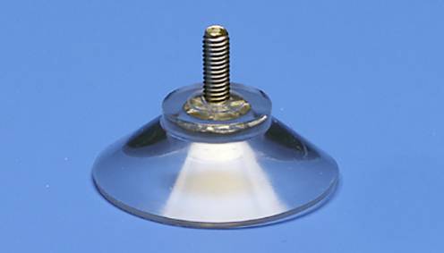 Ventosa a vuoto in materiale trasparente su sfondo blu, con bullone filettato, idonea per applicazioni di sollevamento in ambito robotico.