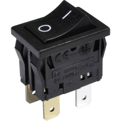 Un interruttore a levetta nero con simboli I/O per Acceso/Spento, che mostra le specifiche elettriche sul lato.
