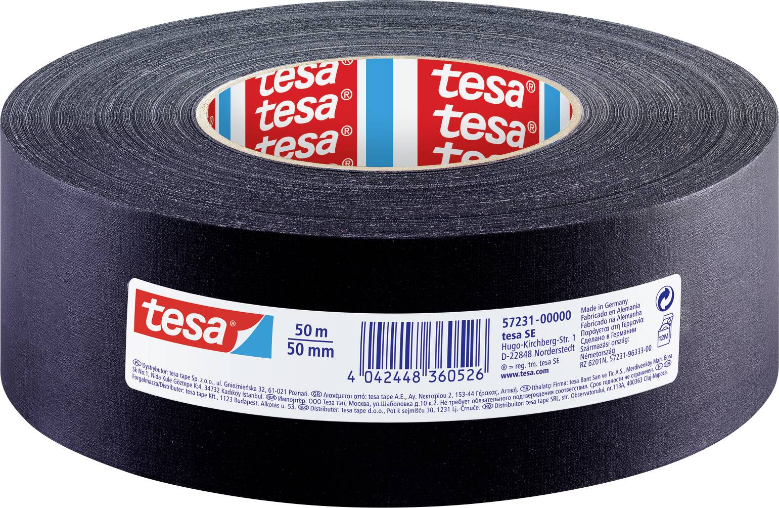 Un rotolo nero di nastro adesivo tesa con etichette rosse e bianche, contrassegnato '50 m' e '50 mm'.