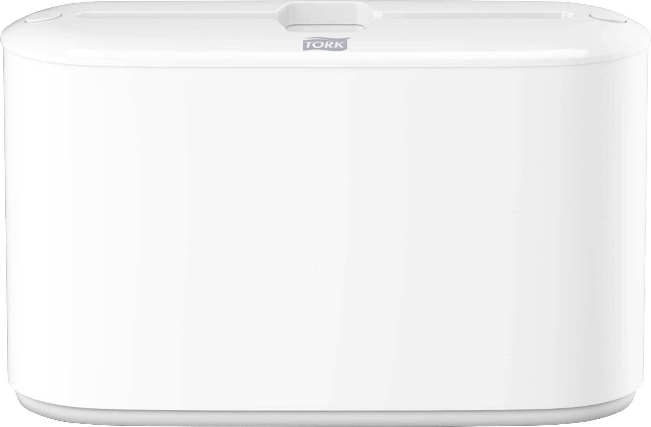 Dispenser Tork bianco montato a parete con copertura rettangolare arrotondata, mostrato in vista frontale su uno sfondo neutro.