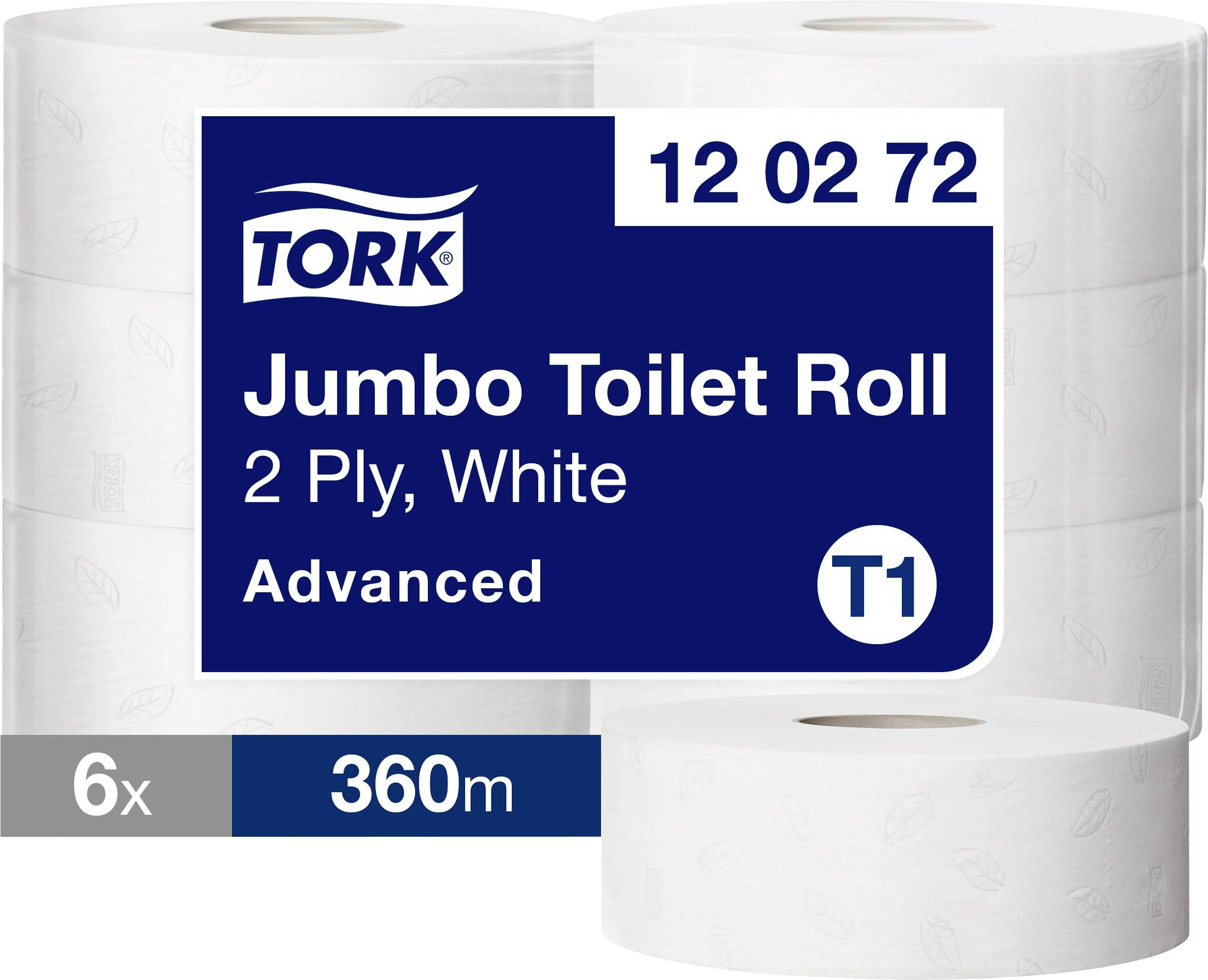 Confezione di carta igienica Tork Jumbo, 2 veli bianchi, 6 rotoli da 360 m ciascuno, etichettati 'Advanced' e 'T1'.