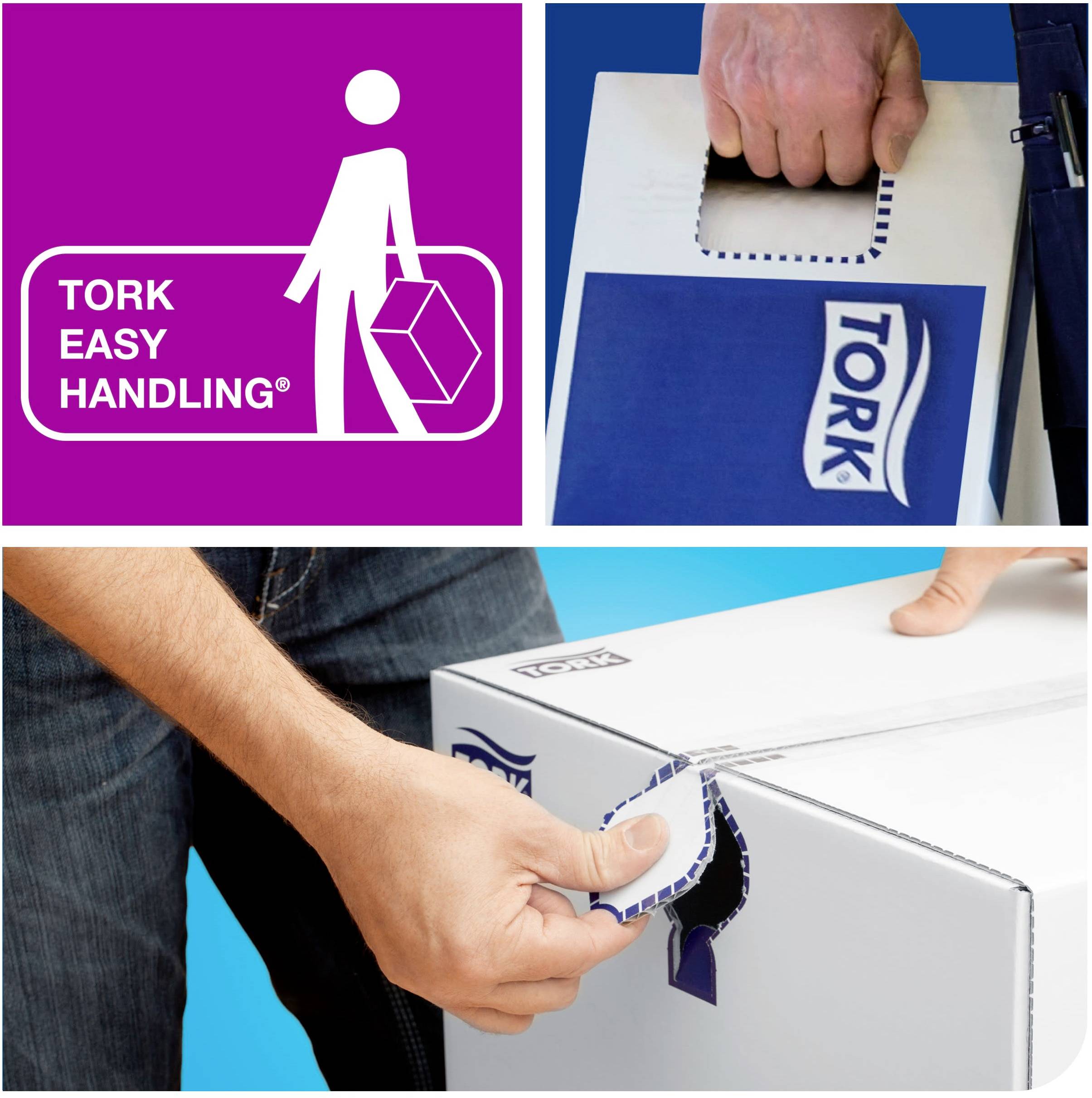 'Tork Easy Handling' mostra una mano che trasporta una scatola con manici pratici; facilita il trasporto di carichi pesanti.