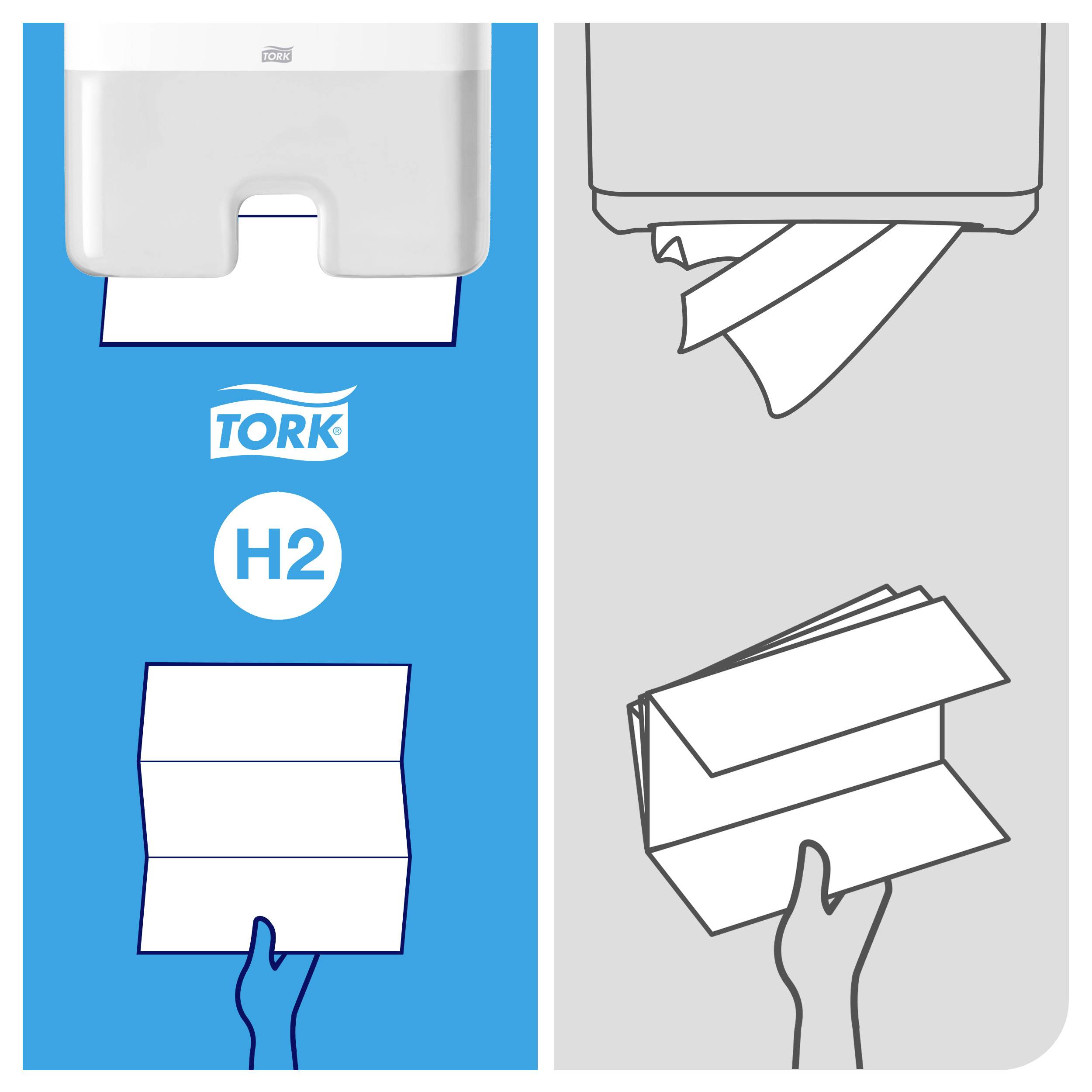 Un'immagine mostra un asciugamano di carta Tork estratto da un distributore. Una mano tiene un asciugamano piegato per illustrare il prodotto.