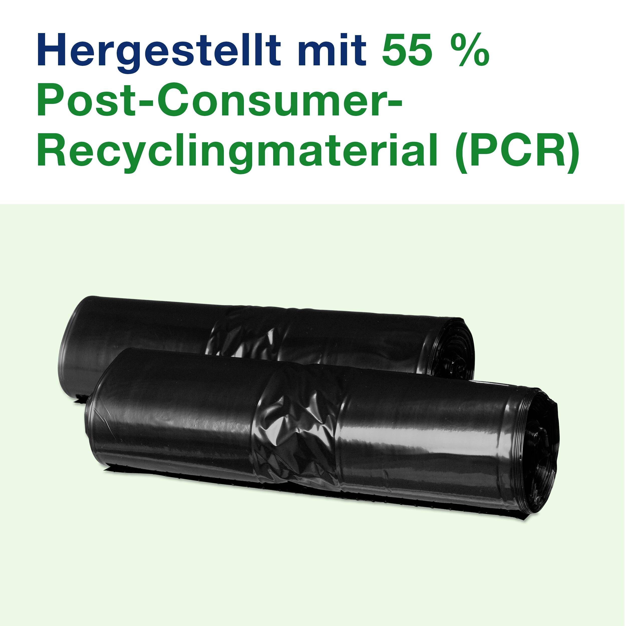 Due sacchi della spazzatura neri arrotolati. Testo nell'immagine: 'Prodotto con il 55% di materiale riciclato post-consumo (PCR)'.