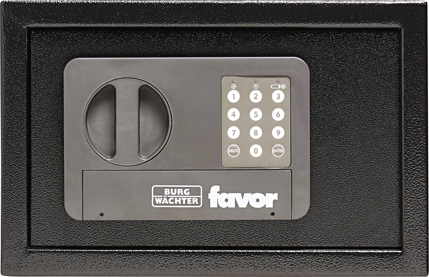 Cassaforte nera con tastierino digitale e maniglia girevole. Nome del marchio 'Burg Wächter Favor' visibile sul lato frontale.