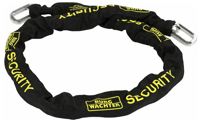 Una catena di sicurezza Burg Wächter nera, flessibile, con marchio giallo e due anelli metallici su ciascuna estremità, utilizzata per fissare oggetti.