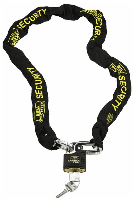 Una catena di sicurezza robusta con un lucchetto e una chiave. La catena e il lucchetto sono rinforzati per una protezione solida, principalmente utilizzati per assicurare biciclette.