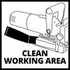 Il grafico mostra una lama di sega con l'intestazione 'Clean Working Area', che ricorda l'importanza della sicurezza e della pulizia nell'area di lavoro.