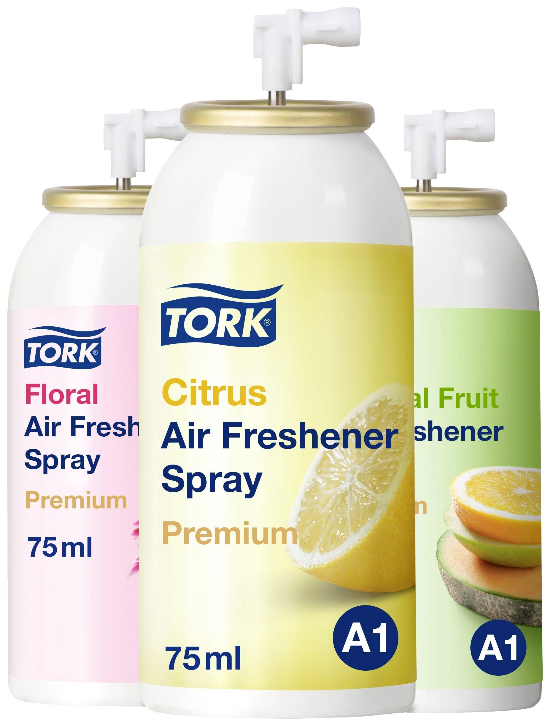 Tre bombolette di spray deodorante marca 'Tork', ciascuna da 75 ml, nei profumi Agrumi, Fiore e Frutti Tropicali.