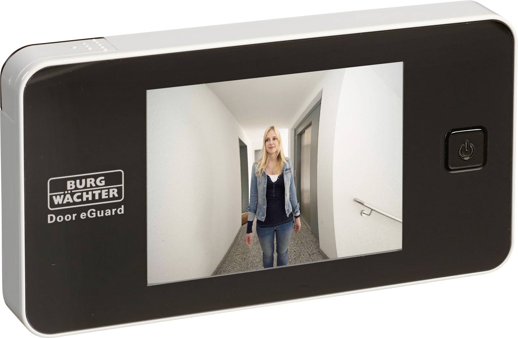 Un dispositivo digitale spia porta mostra l'immagine di un corridoio con una persona che si avvicina direttamente alla telecamera sul display.
