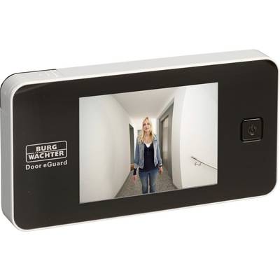 Un dispositivo digitale spia porta mostra l'immagine di un corridoio con una persona che si avvicina direttamente alla telecamera sul display.